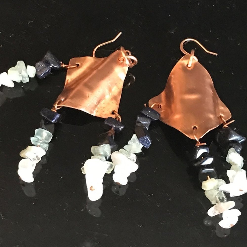 Pure Copper Earrings Sunstone Aquamarine Rose Quartz Drop Dangle Gift Diamond